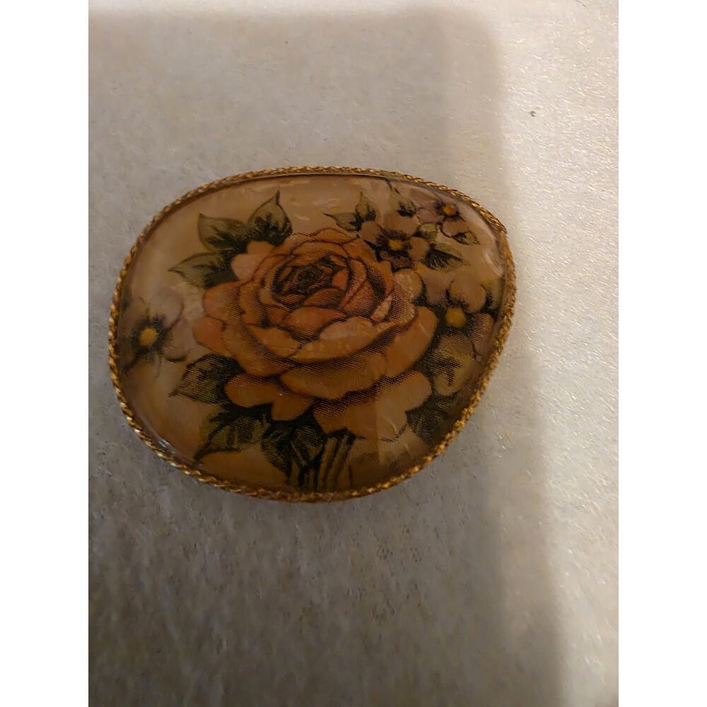 Vintage Floral Lucite Brooch Rose Print Gold Tone Freeform Pin